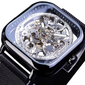 Forsining Mens Black Automatic Mechanical Steampunk Mesh Watch Great Gift Idea